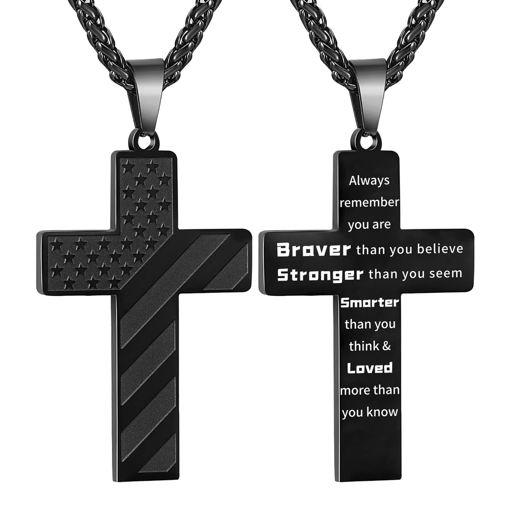 DuoDiner Black Cross Necklace for Boys Men Pendant Chain Stainless Steel American Flag Always Remember Religious Christian Confi