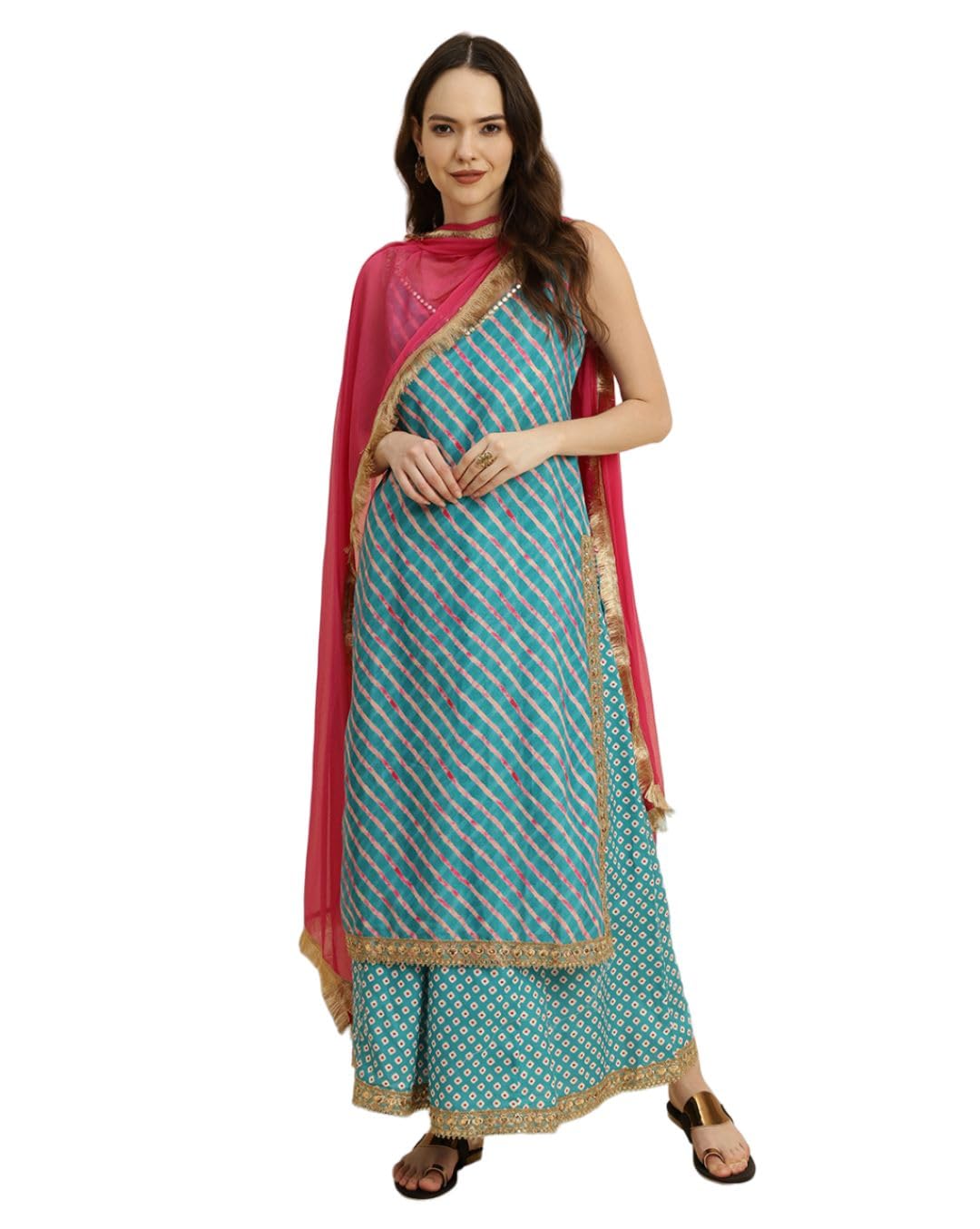 Varanga Turq Bandhe Printed Kurta Set With Flared Palazo And Dupatta Turquoise
