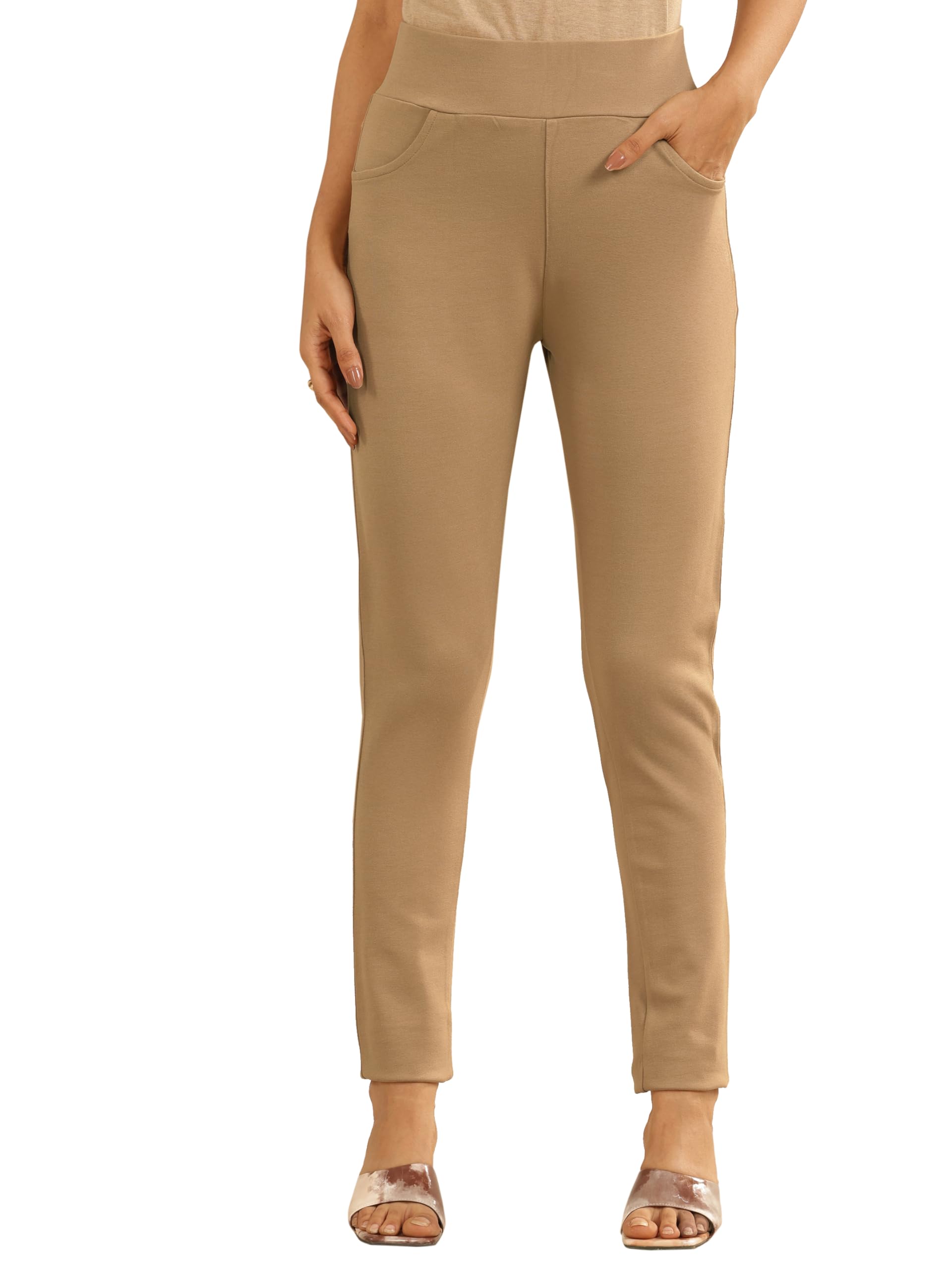 Libas Womens Solid Rayon Jeggings For Women Beige