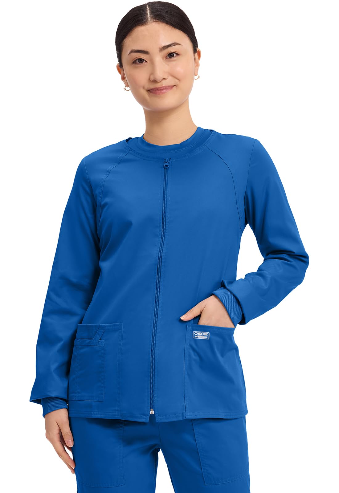 Cherokee Womens Workwear Scrubs Core Stretch Zip Front Warm Up Jacket, Royal, 3XLarge 3-