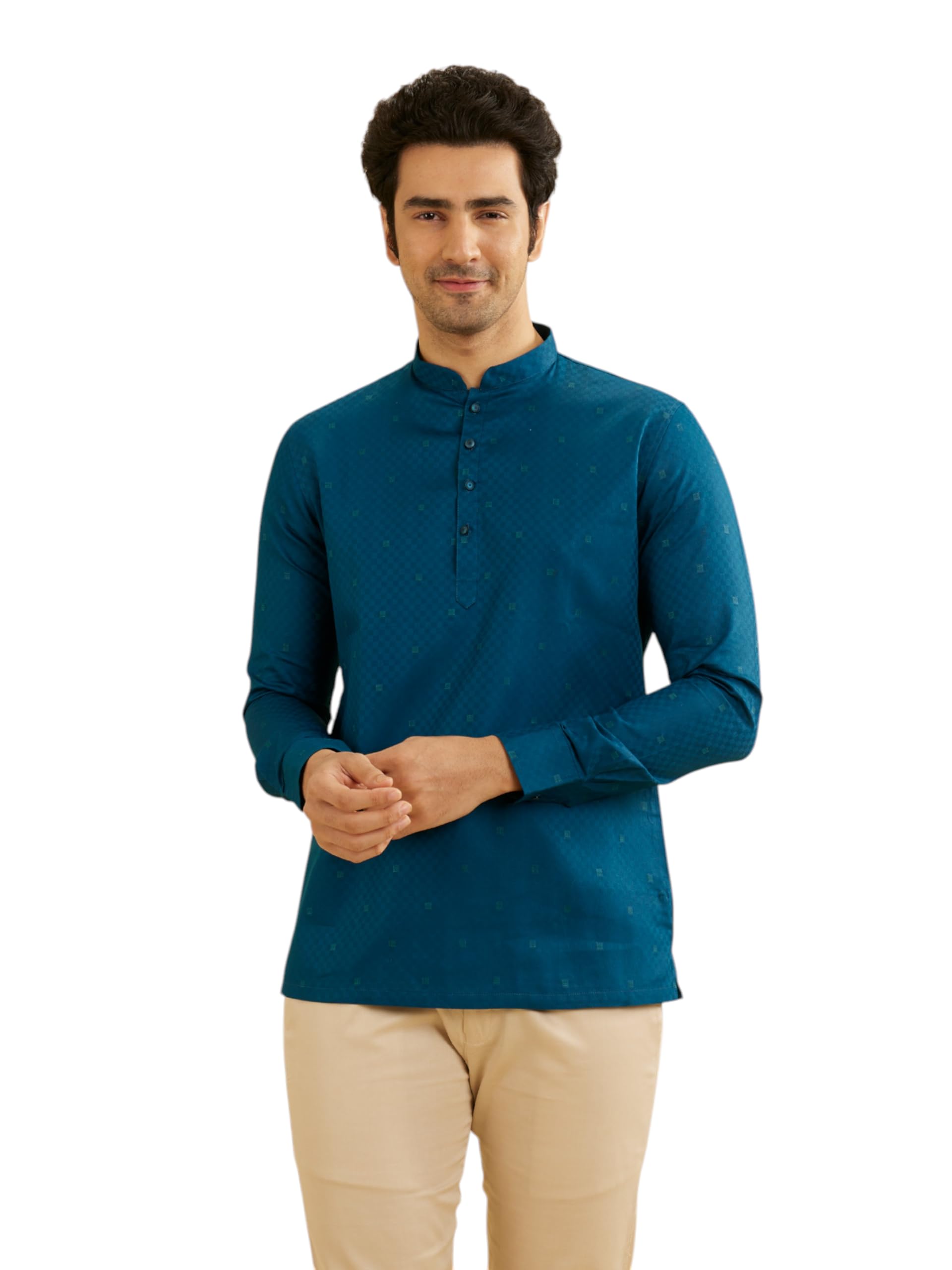 Manyavar Cotton MenS Checkered Short Kurta (Blue,Xl)