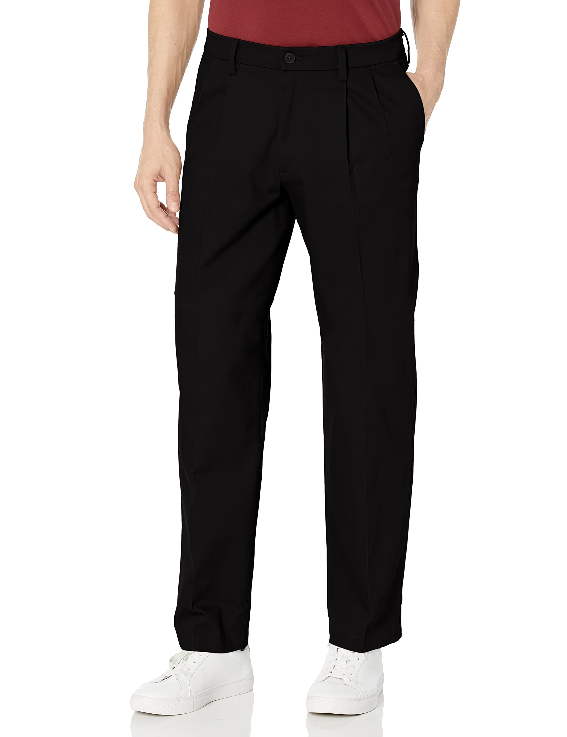 Dockers Men's Classic Fit Signature Khaki Lux Cotton Stretch Pants-Pleated (Regular and Big & Tall), Black, 44W x 29L