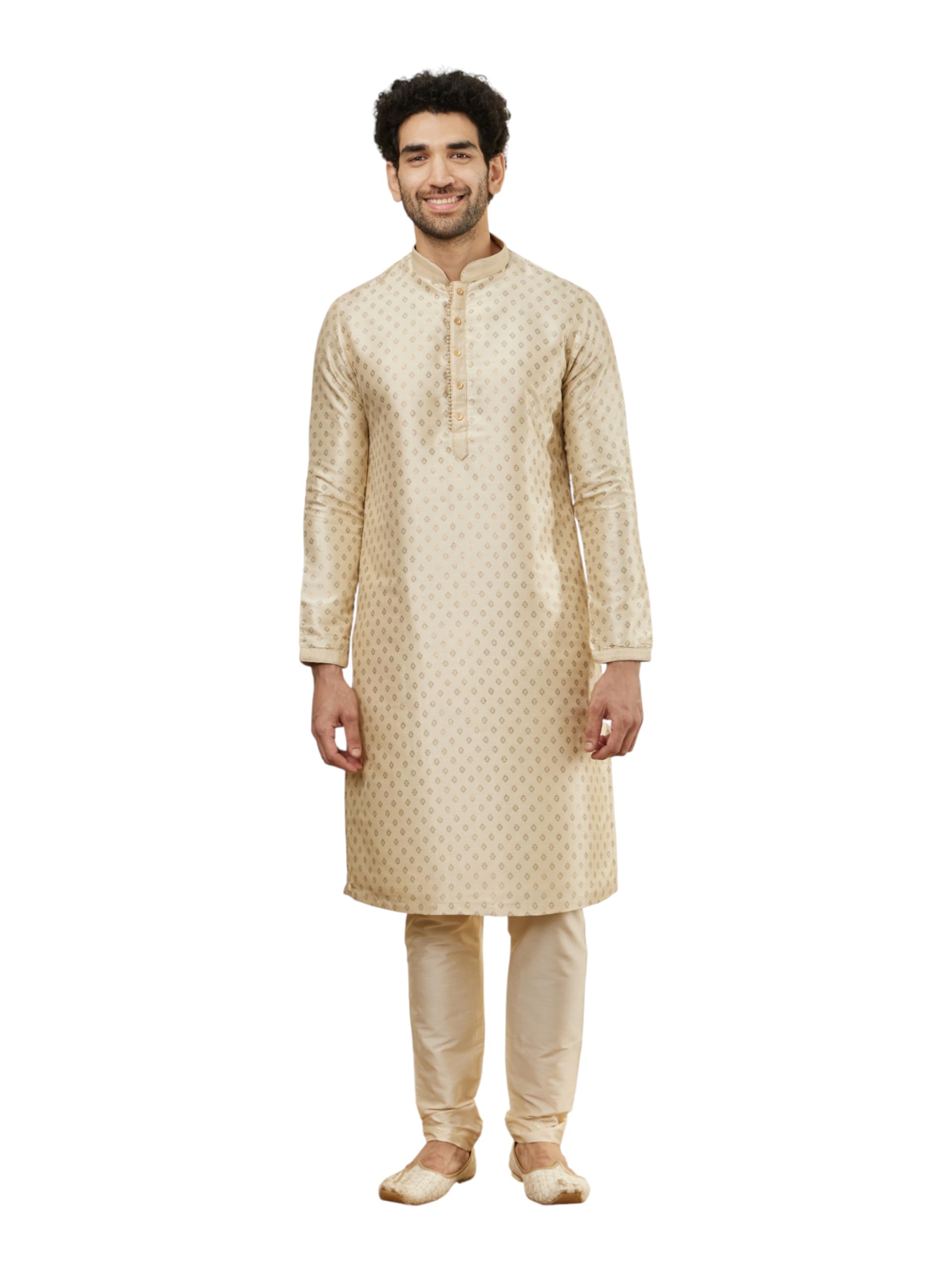 Manyavar Mens Biscuit Cream Shankh Patterned Kurta Set (2pcs) (Beige,XXL)