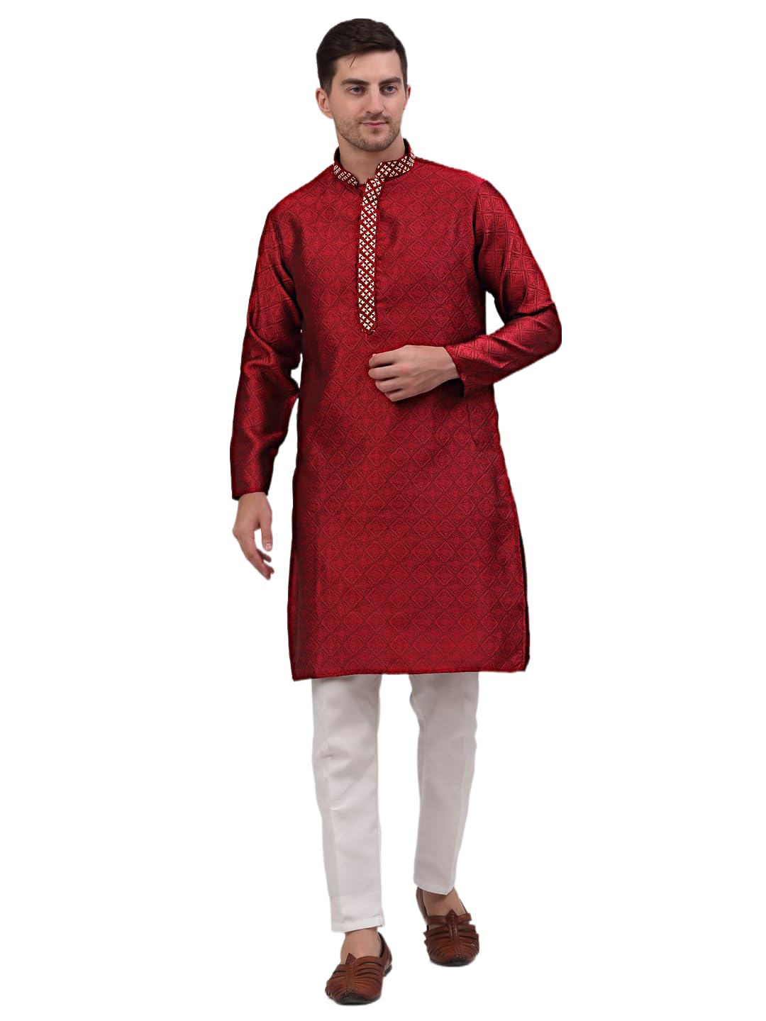 Jompers Mens Collar Embroidered Silk Jacquard Kurta Pyjama Set