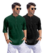 Hemrin Combo Of Men Solid Cotton Blend Straight Kurta Shirt Pack Of 2