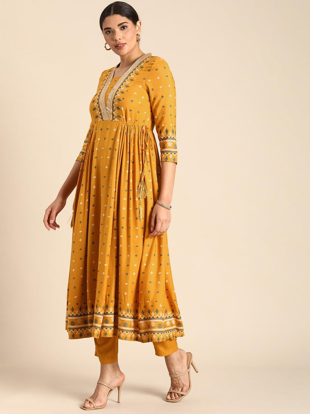 ANNI DESIGNER Womens Rayon Viscose Anarkali Printed Kurta with Pant (Dawara Yellow_L_Yellow_Large)