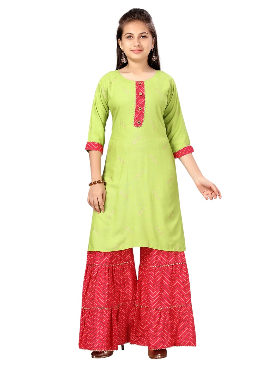 Aarika Girls Cotton Kurti Sharara Set (SH-AP-C-3_Green-Rani_32)
