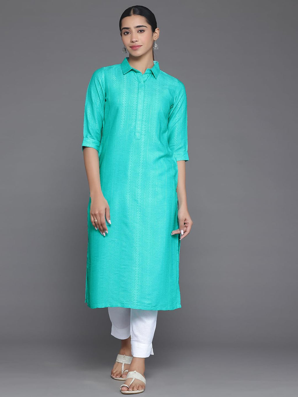 Libas WomenS Cotton Woven Design Straight Kurta (26878_Blue