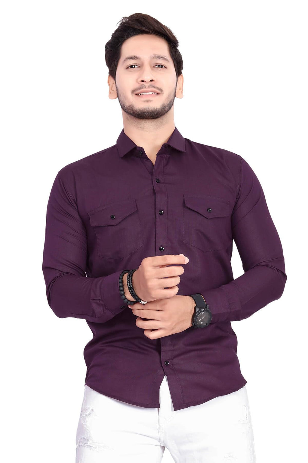 Rebelify MenS Cotton Shirt With Pockets Full Sleeves Spread Collar Solid Pattern Botton Down Closure Regular Fit And Standard L
