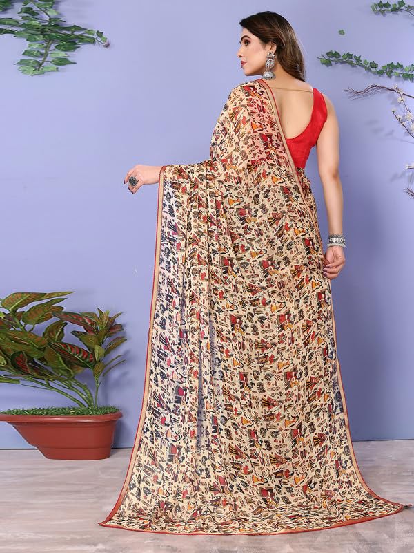 Satrani Womens Chiffon Kalamkari Printed & Lace Saree with Unstitched Blouse Piece