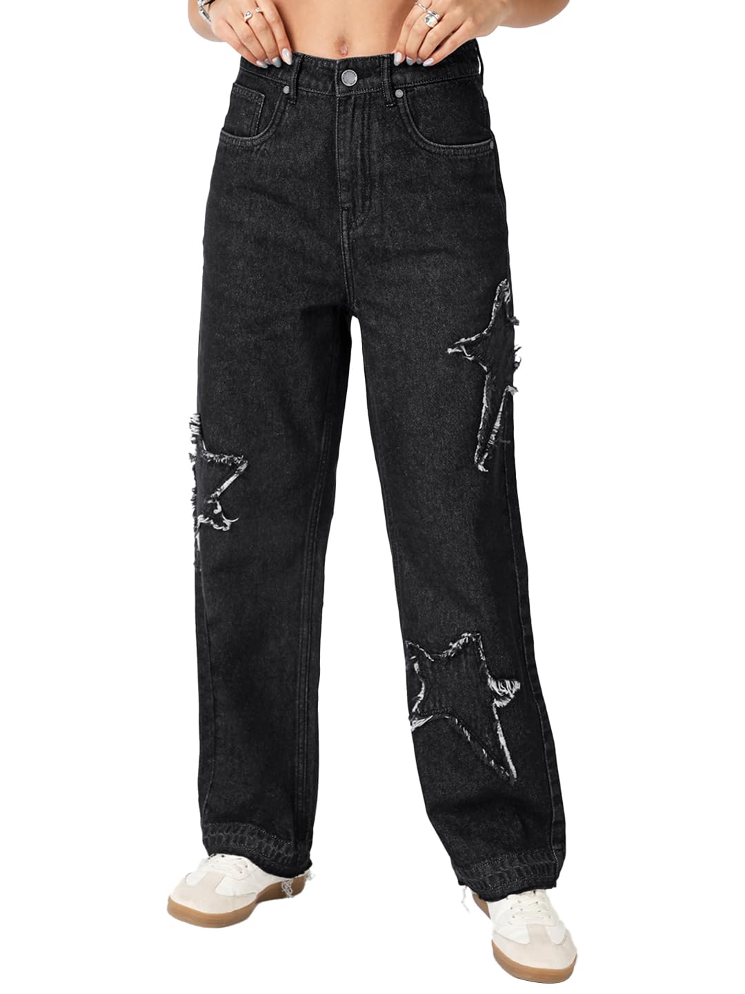 Bewakoof Womens Applique Baggy Fit Cotton Jeans_690787_Black_34