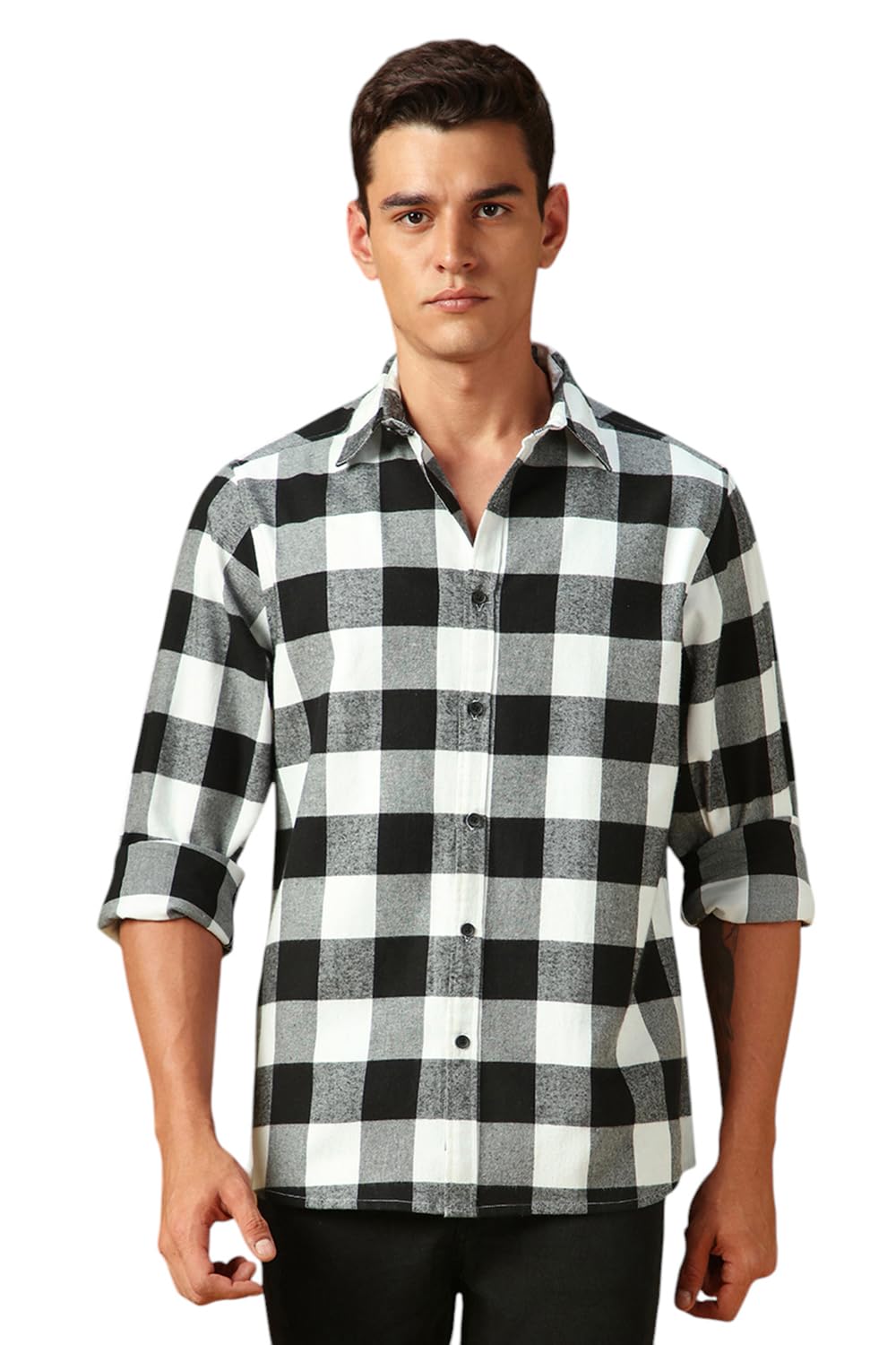 Dennis Lingo Men Flannel Check Cotton Relaxed Fit Full-Sleeves Shirts Black