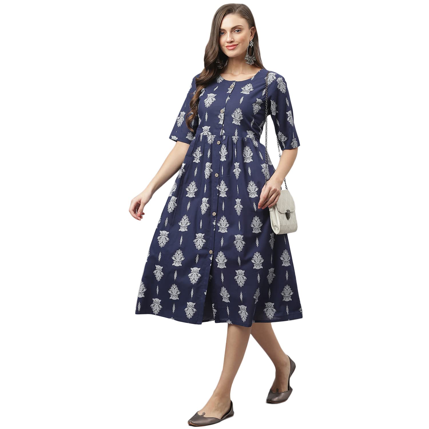 Stylum Women'S Paisely Print Cotton Flared Kurta (Rubynavy36_Navy Blue, S)