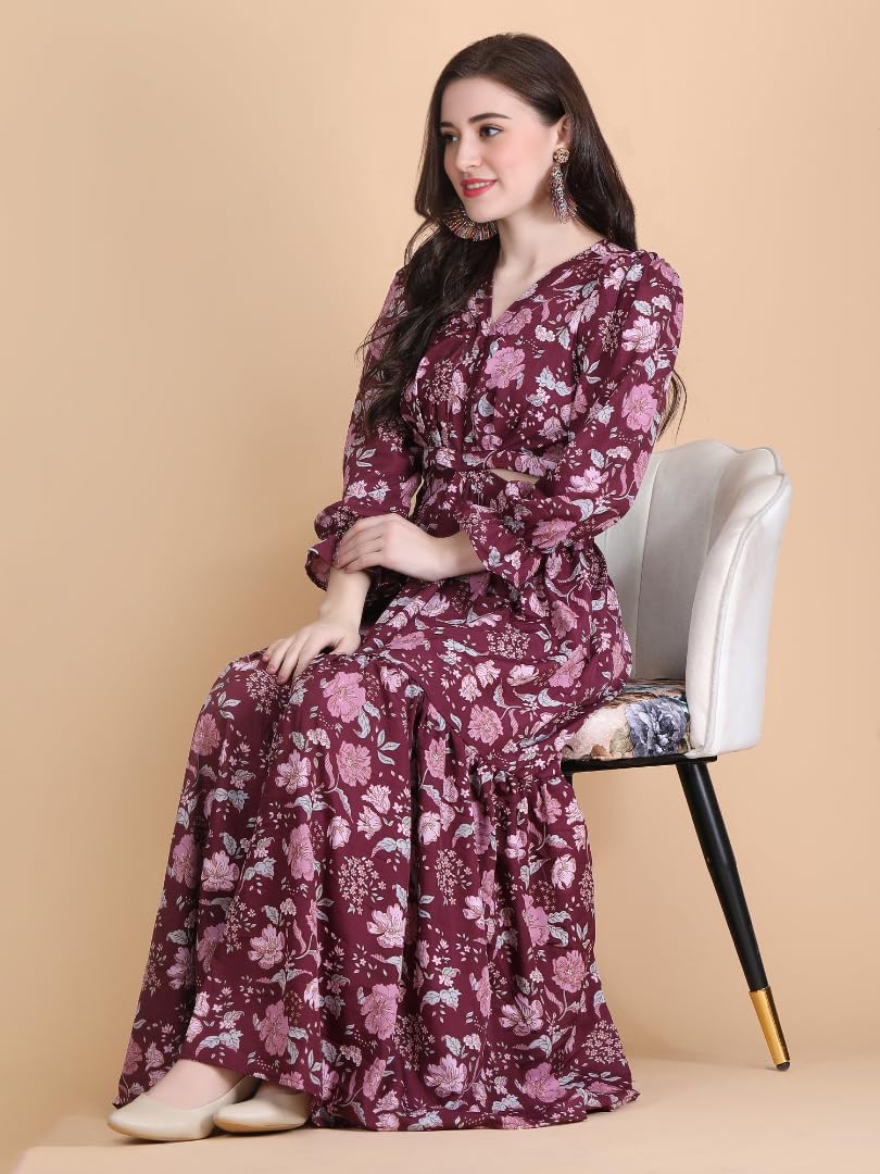 Kuduzo WomenS Crepe Maxi Dress With 3/4Th Sleeves V Neck Line Floral Printed Pattern Maxi Length Waist Cut Regular Fit And Flar