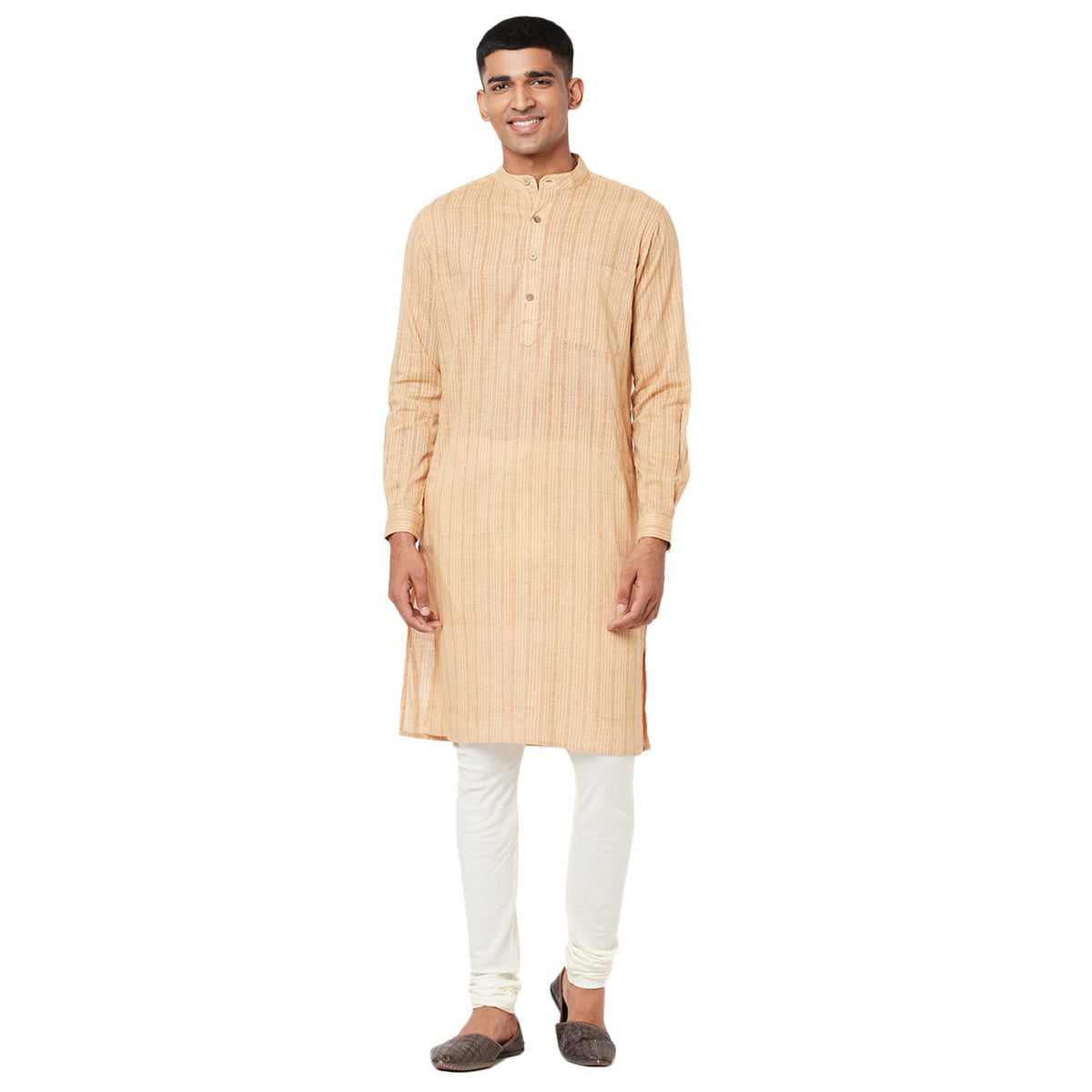 Fabindia Men Printed Slim Fit Long Kurta With Cuff Cotton_M Beige