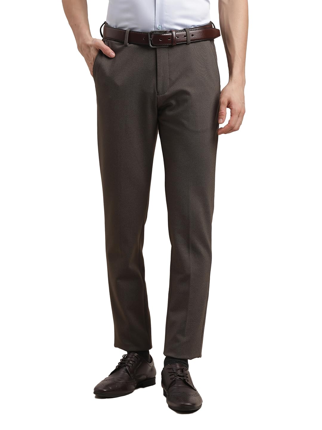 Turtle Men Knitted Dobby Print Slim Fit Brown Party Trouser