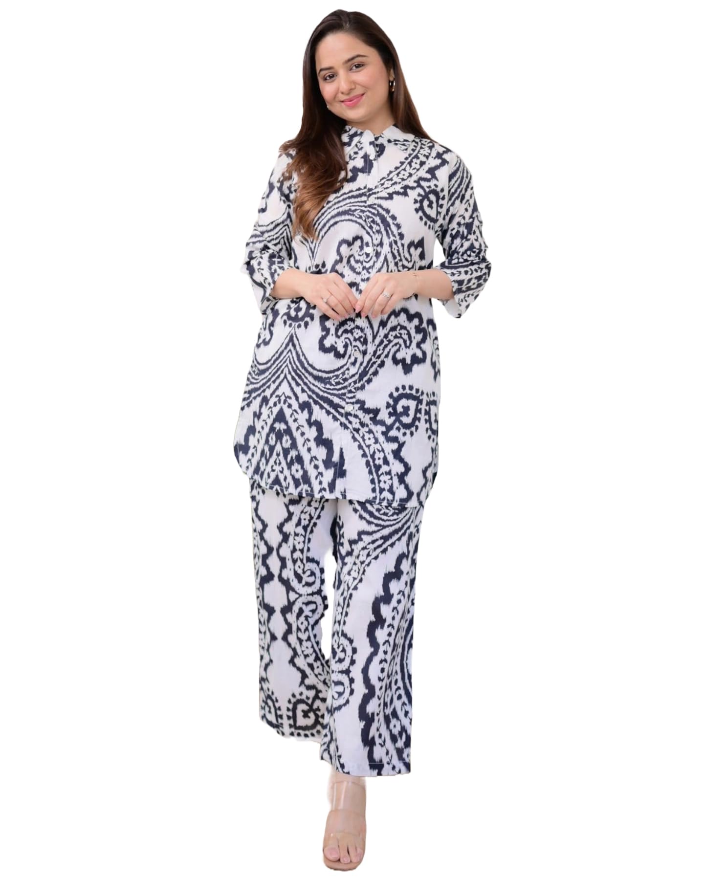 ANNI DESIGNER Womens Cotton Blend Printed Ethnic Co-ord Set (Qurom White_S_White_Small)