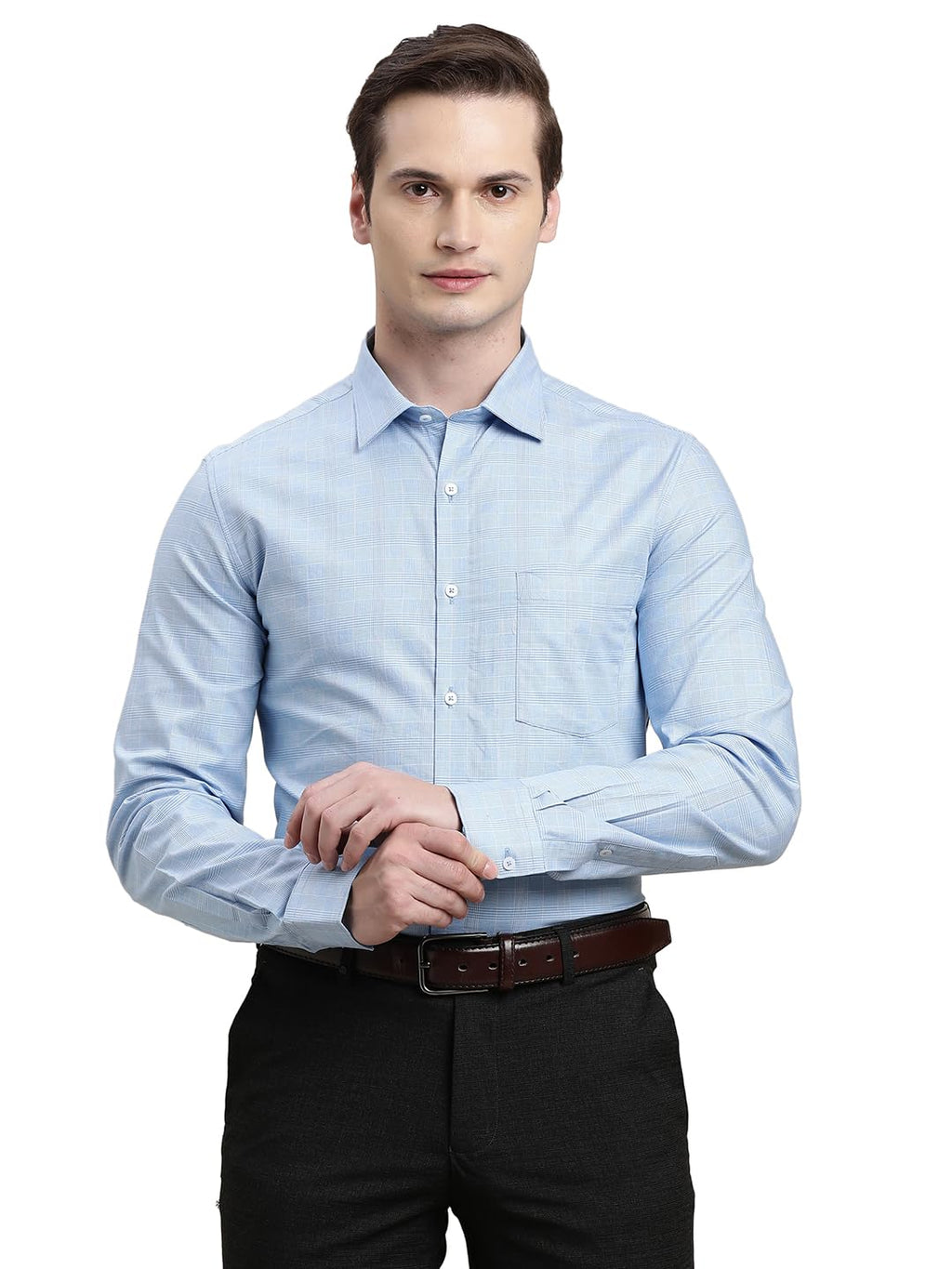 Turtle Men 100% Cotton Regular Fit Light Blue Checkered Full Sleeve Formal Shirt