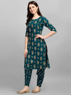 Gufrina WomenS Rayon Straight Kurta & Dhoti Pant With Round Neck 3/4Th Sleeves Solid Pattern Calf Length A Line Style And Regul