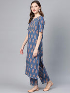 Idalia Women'S Blue And Red Printed Straight Cotton Kurta Set With Palazzo Pant
