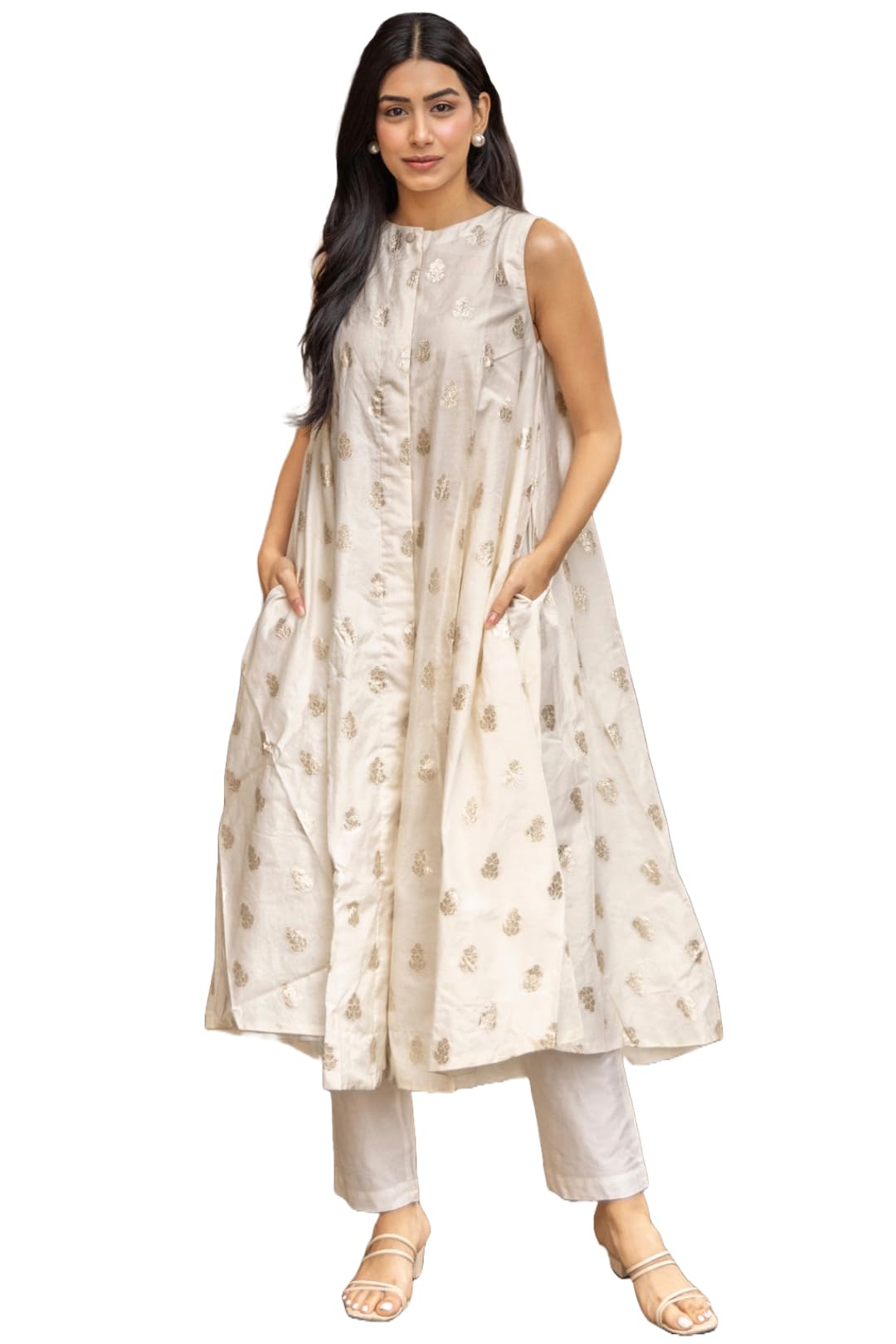 ANNI DESIGNER Womens Rayon Viscose A-Line Printed Kurta with Pant (Balari Cream_M_Cream_Medium)