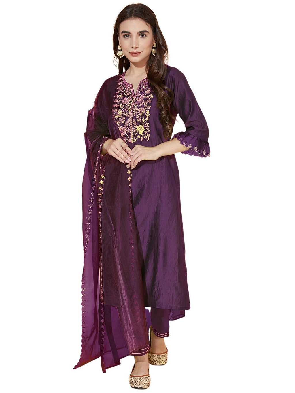 Sanisa Womens Chinnon Silk & Organza Sequence and Embroidery Work Straight Kurta with Pant and Dupatta Set (38KBD476NB-XL_Wine)