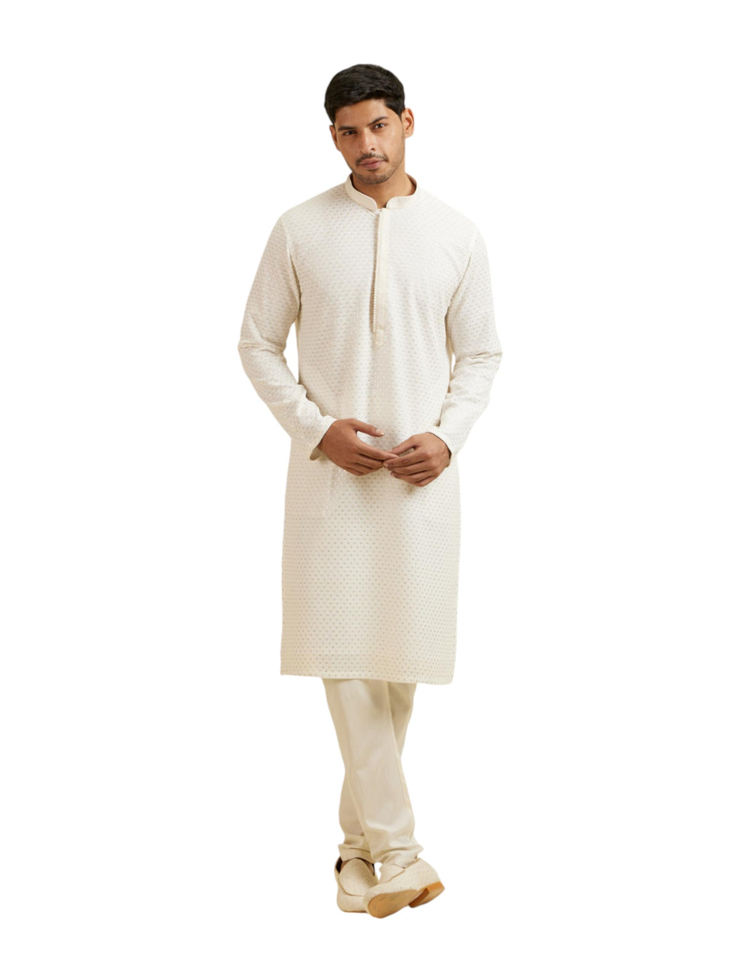 Manyavar Mens Georgette Embroidered|Sequins Kurta Churidar Set (Warm White,XXL)
