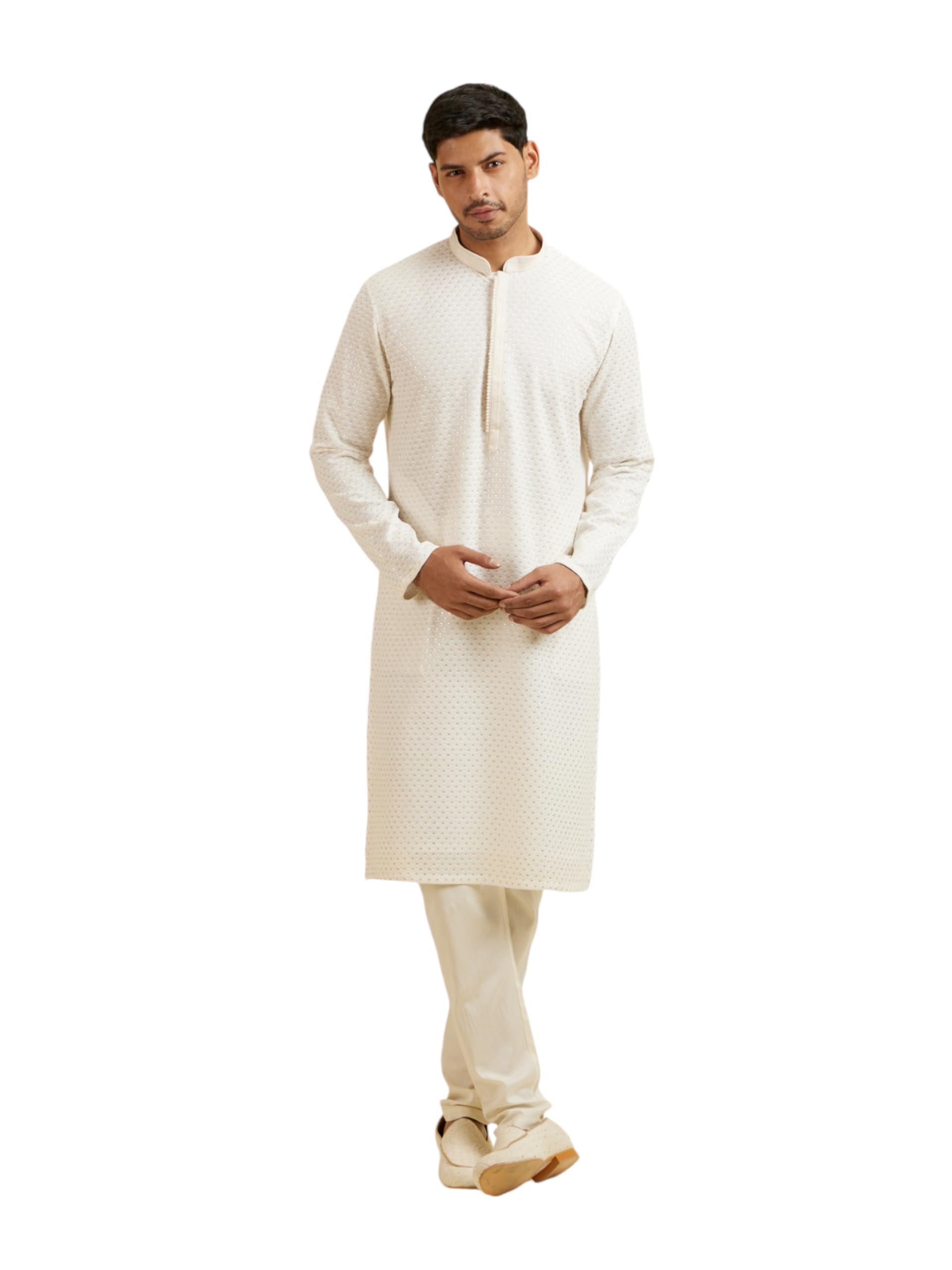 Manyavar Mens Georgette Embroidered|Sequins Kurta Churidar Set (Warm White,XXL)