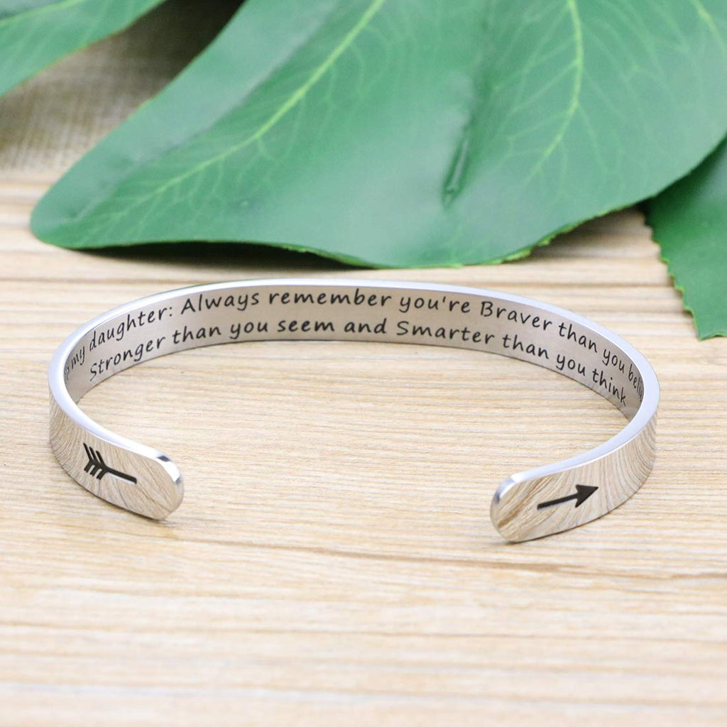 Daughter Mother Bracelets Wide Cuff Bangle Message Engraved Christmas Gifts for Her (To my daughter, Always remember you're brav