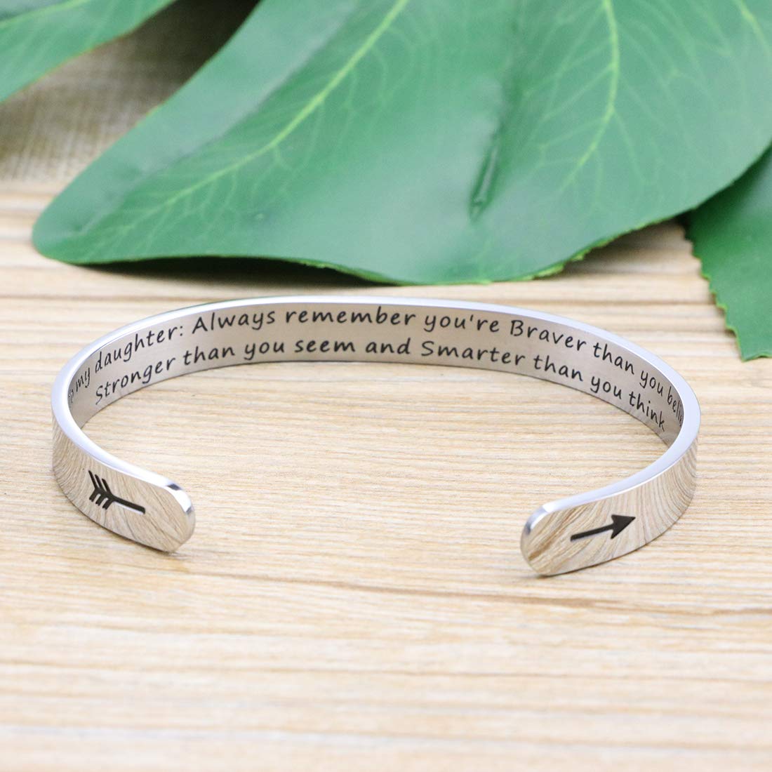Daughter Mother Bracelets Wide Cuff Bangle Message Engraved Christmas Gifts for Her (To my daughter, Always remember you're brav