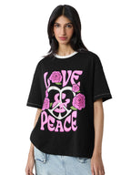 The Souled Store Peace & Love Women and Girls Short Sleeves Round Neck Black Graphic Printed Cotton Oversized T-Shirts