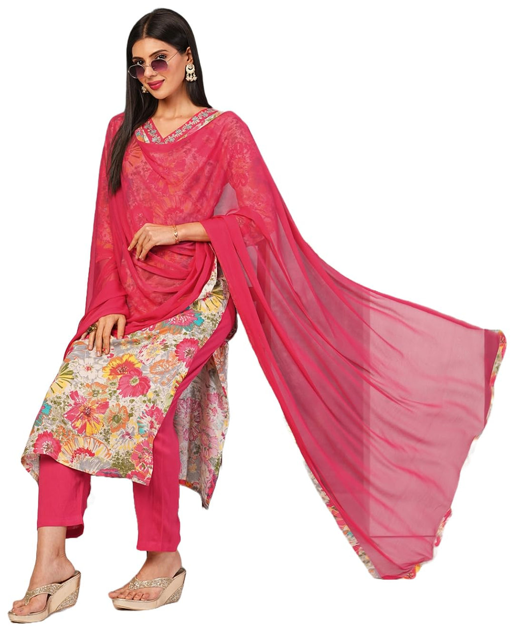 ANNI DESIGNER Womens Cotton Blend Printed Straight Kurta with Pant & Dupatta (Ruth Pink-NW_L_Pink_Large)