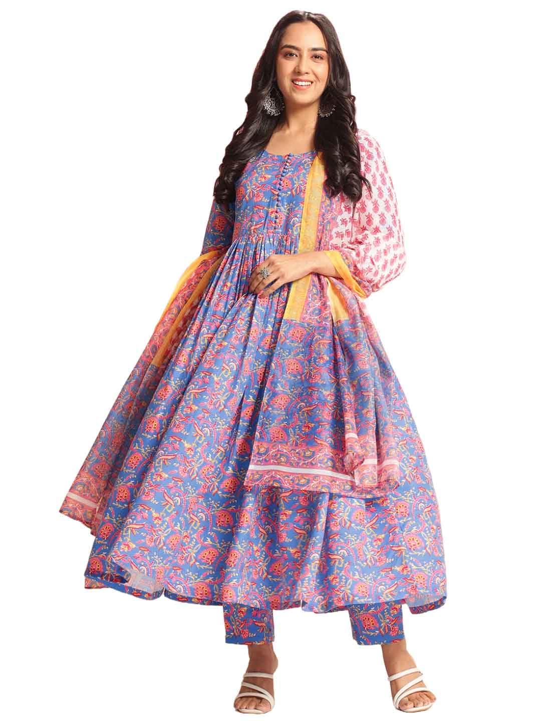 ANNI DESIGNER Womens Rayon Viscose Printed Anarkali Kurta with Pant & Dupatta (MYTEE MULTI-VKS01_L_Multicolor_Large)