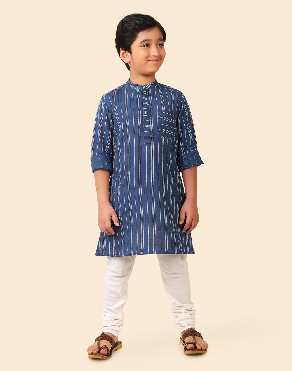 Fabindia Boys Cotton Striped Regular Fit Long Kurta (1032801COBALT_Cobalt