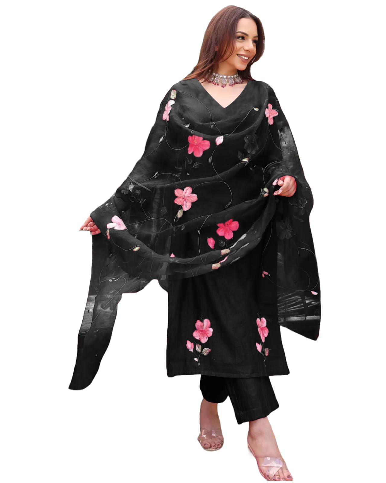 ANNI DESIGNER Womens Rayon Blend Floral Straight Kurta with Pant & Dupatta (ROKA Rani_Black_Large)