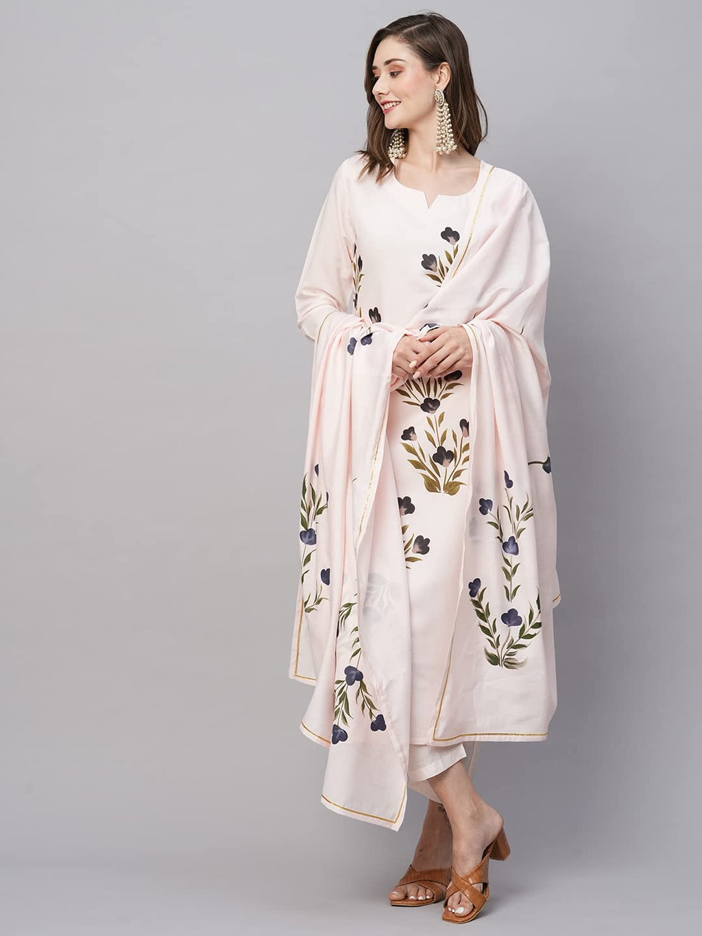 ANNI DESIGNER Womens Cotton Blend Straight Printed Kurta with Pant & Dupatta (Brush-Peach-TNW_L_Peach_Large)