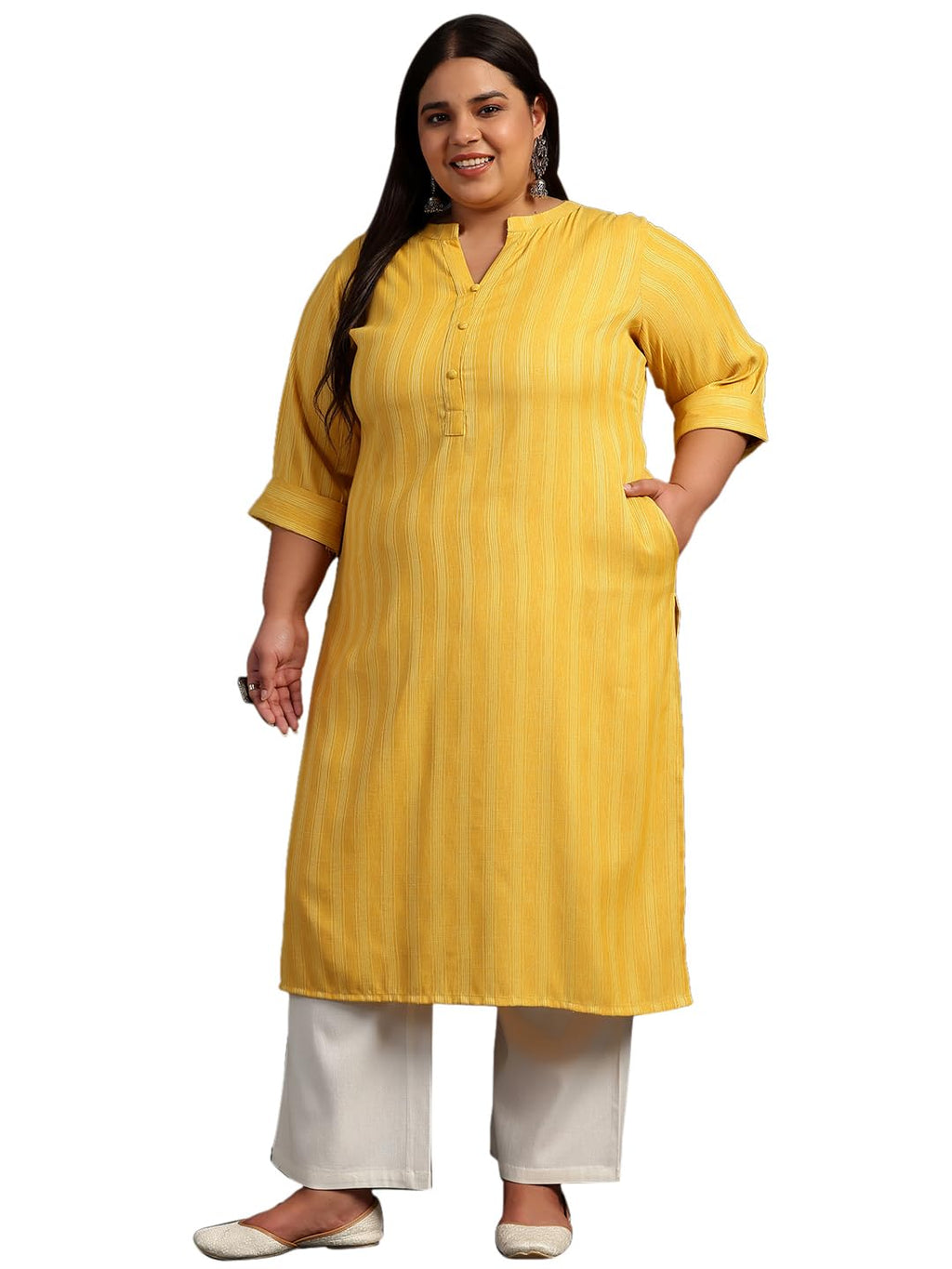 Extra Love By Libas Women'S Rayon Blend Woven Design Straight Kurta (25416_Yellow_3Xl)