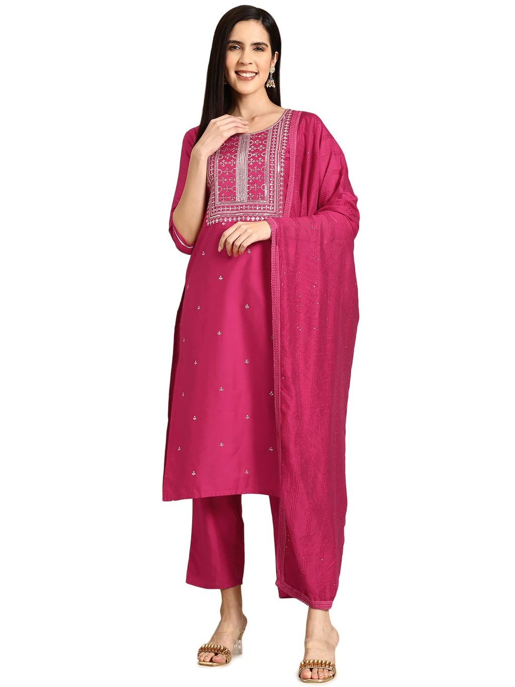 Libas Pink Yoke Design Silk Blend Straight Kurta With Trousers & Dupatta