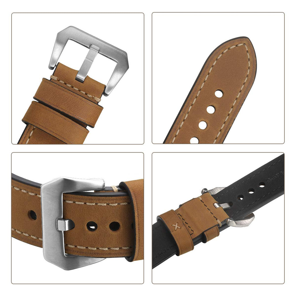 EACHE Mens Watch Band, 24mm Crazy Horse Genuine Leather Vintage Watch Bracelet Strap, Tan-Silver Hardware