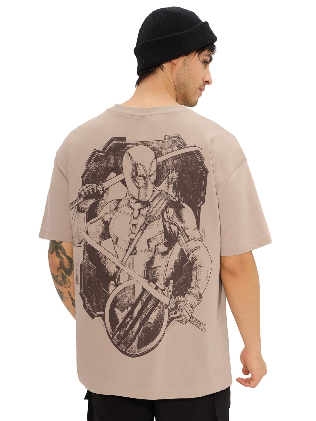 The Souled Store Official Deadpool: The Cavillrine Men and Boys Short Sleeves Round Neck Brown Graphic Printed Cotton Oversized 