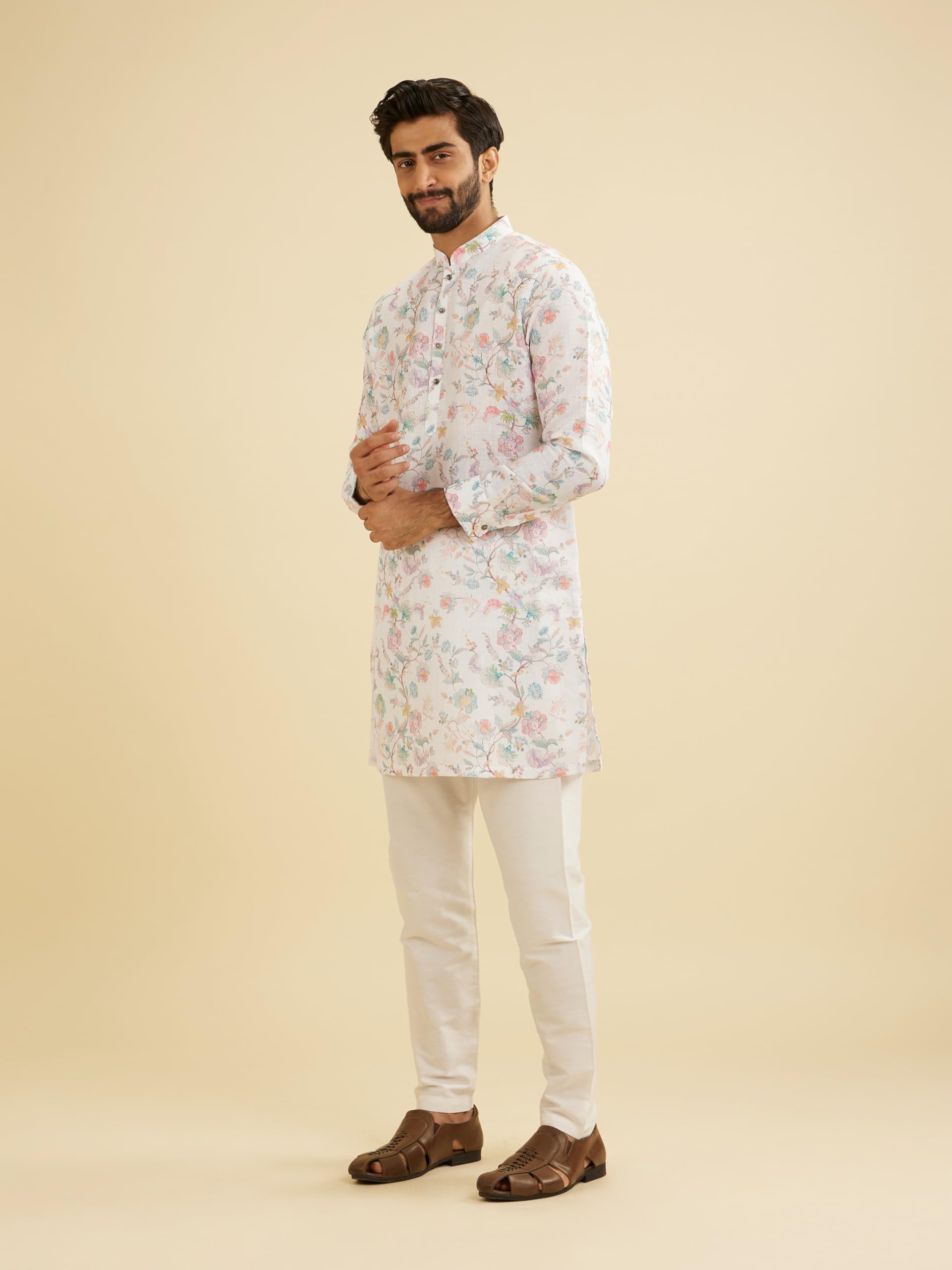 Manyavar Blended Cotton Mens Floral Print Kurta