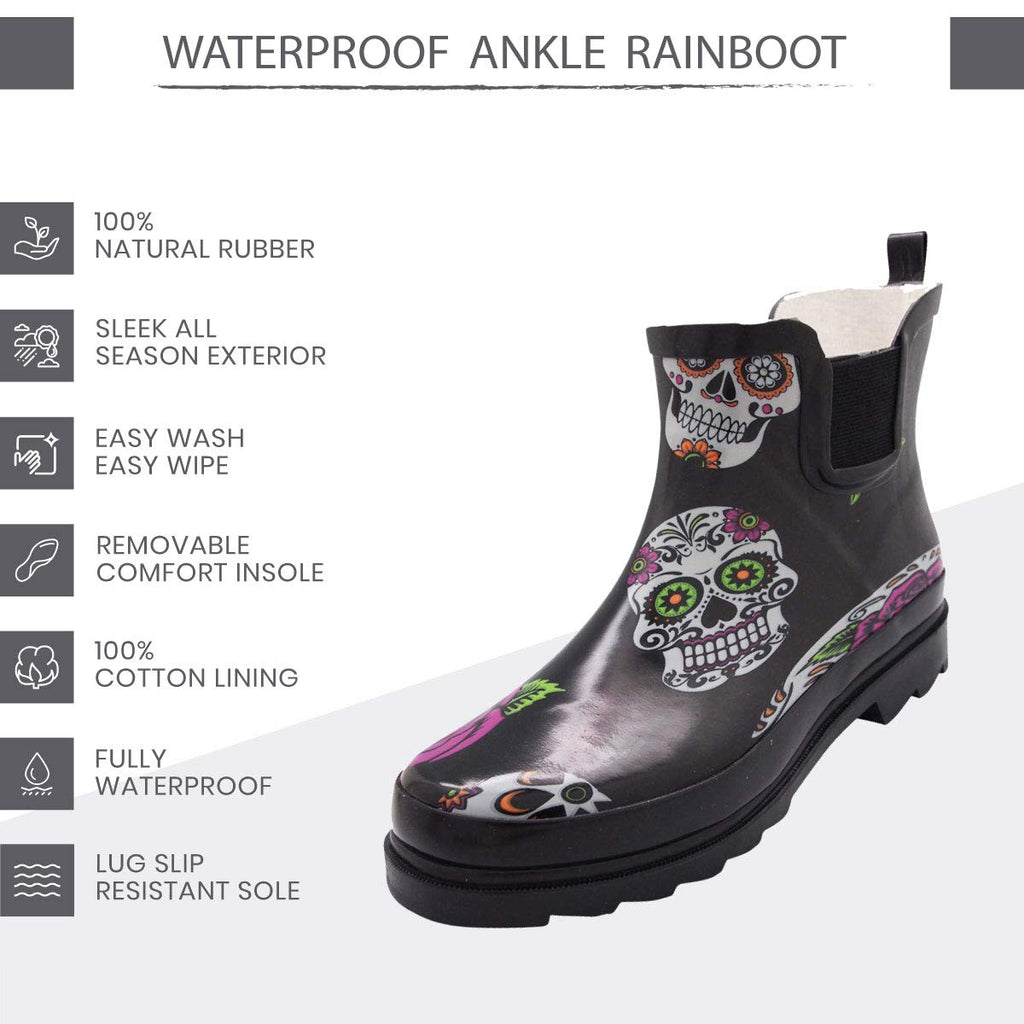 NORTY - Womens Ankle Rain Boots - Ladies Waterproof Winter Spring Garden Boot Skulls Black Size 11