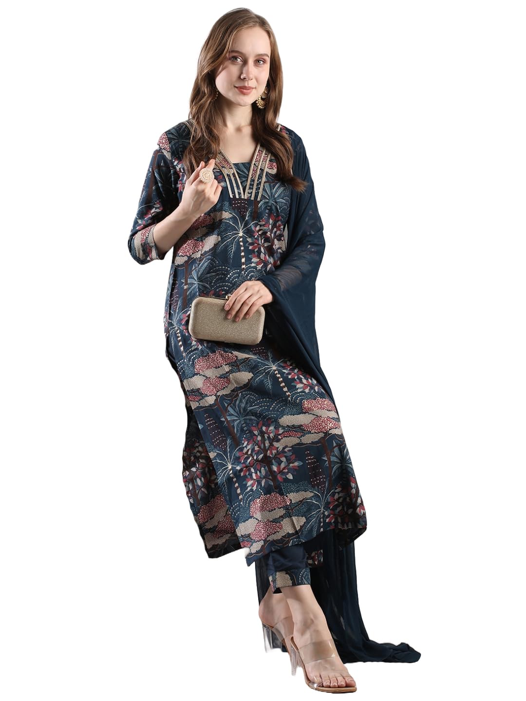 ANNI DESIGNER Women s Printed Rayon Blend Kurta with Pants and Dupatta, Blue, S