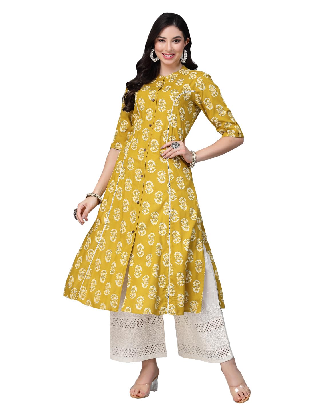 Stylum Womens Floral Printed Rayon A-Line Kurta (JOHNYCORN42_Lime Green, XL)