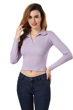 Fabme WomenS Full Sleeves, Collar Rib Top - Lavender