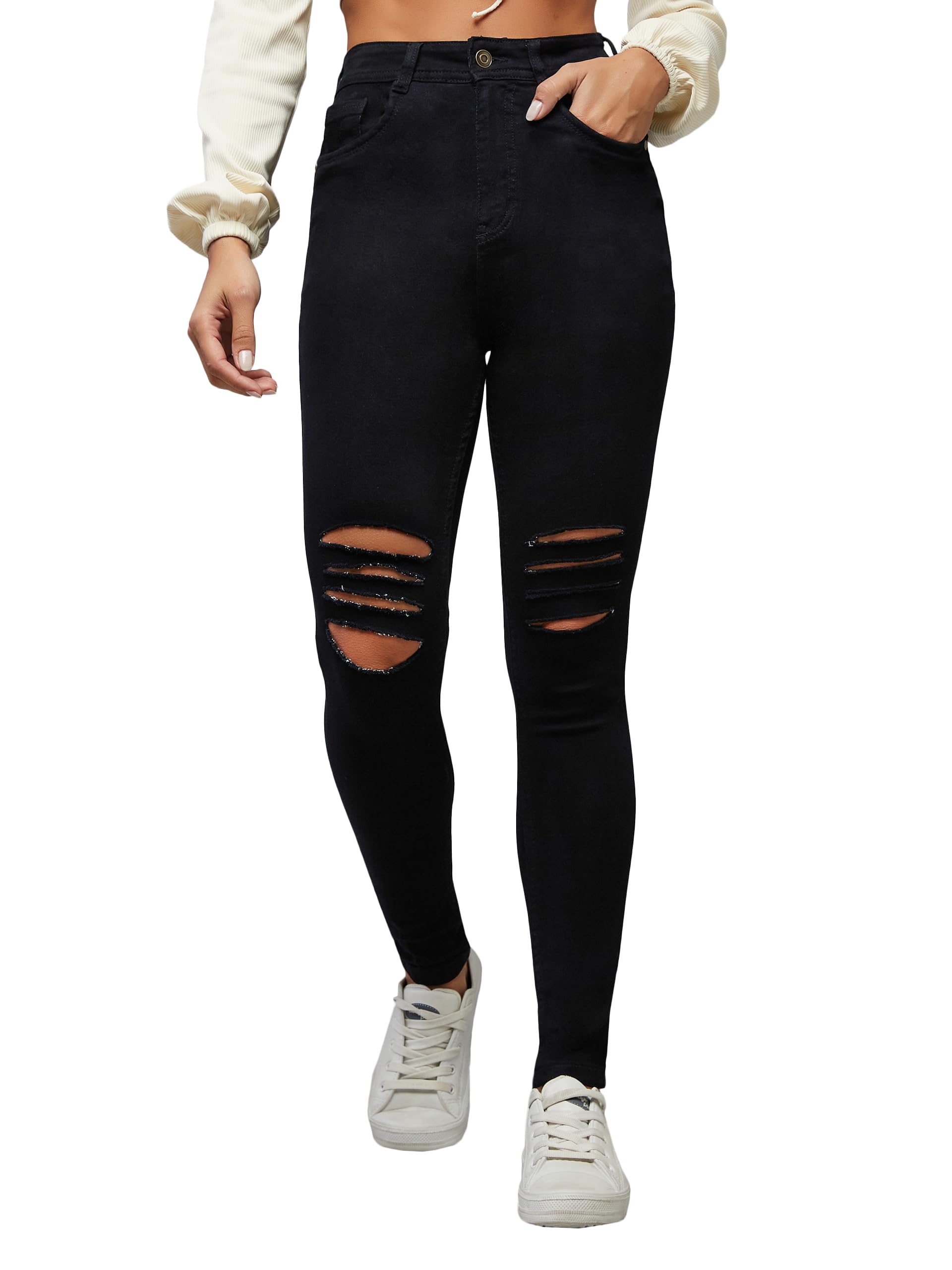 Dolce Crudo Womens Slim Fit High Rise Regular Length Mild Distressed Ripped Denim Stretchable Jeans (DOSS24DEN95-83-367-28, Lic