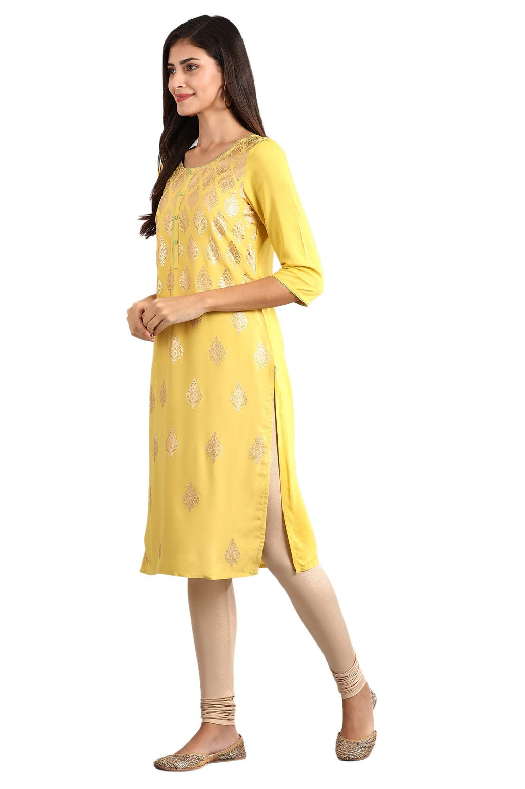 Aurelia Women'S Rayon Yellow Round Neck Printed Liva Kurta Knee Length