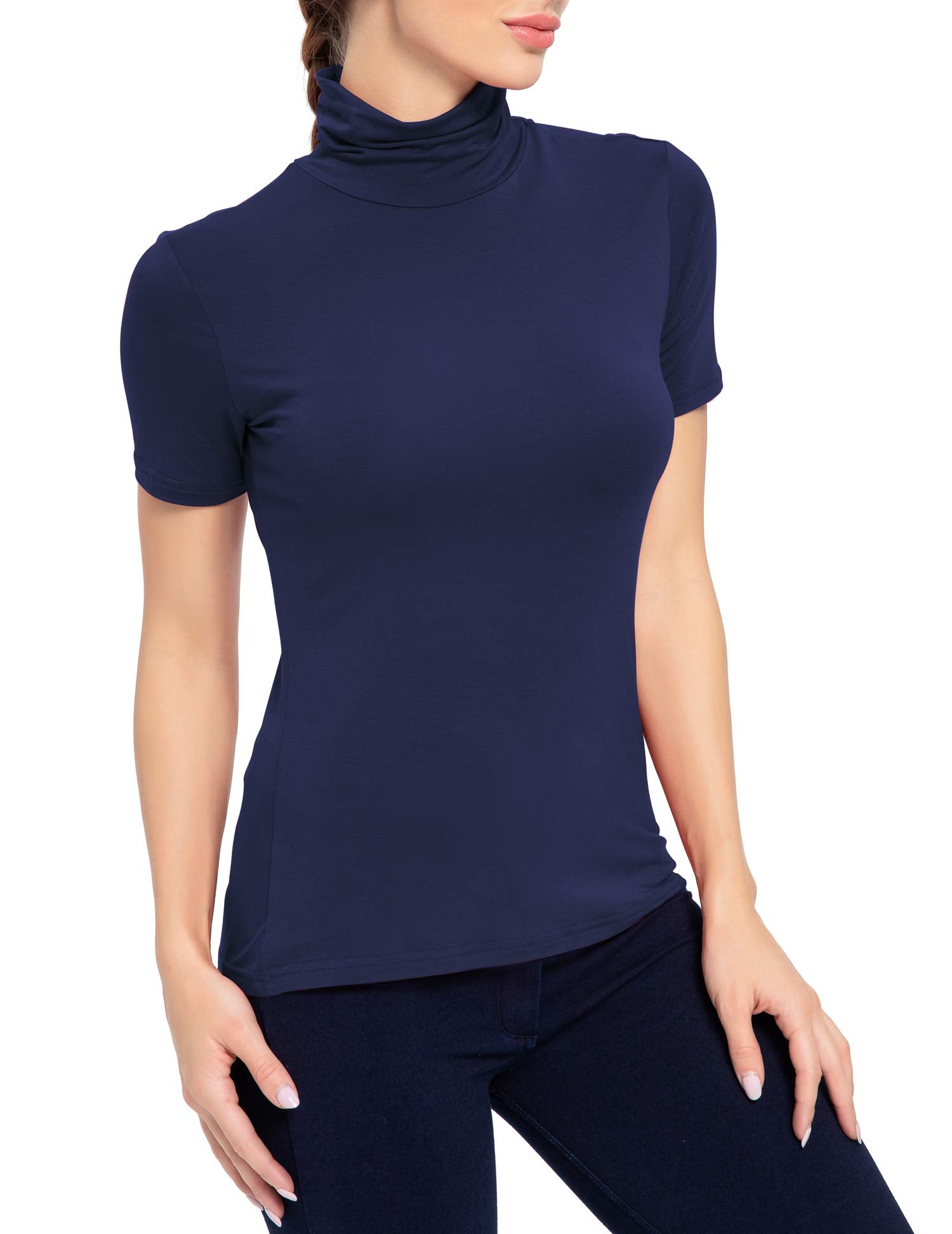 AUHEGN Women's Mock Turtleneck Top Short Sleeve Lightweight Active T-Shirt (S-XXL) (Medium, Navy Blue)