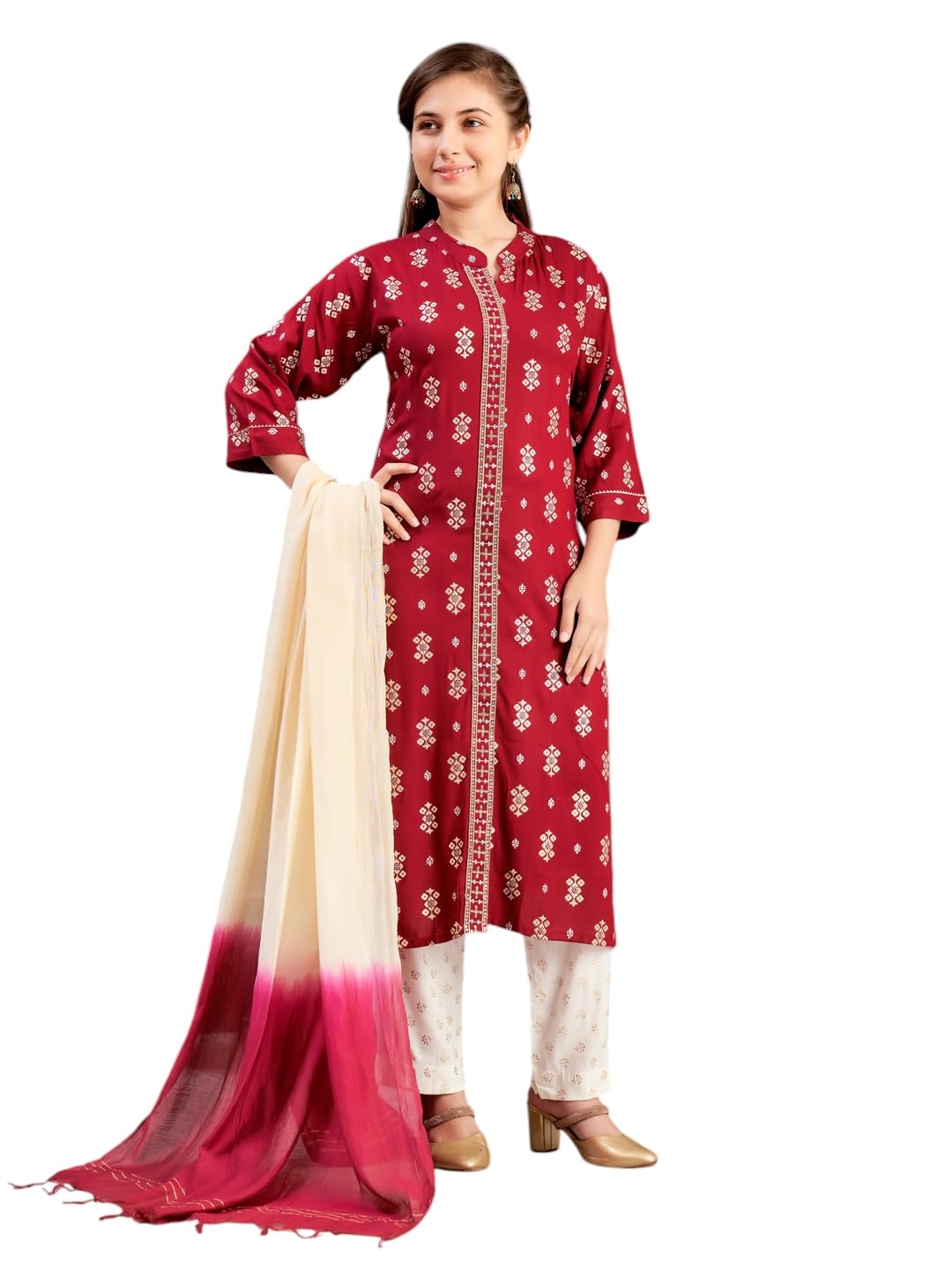 Aarika Girls Ethnic Wear Maroon-Off White Colour Foil Print Rayon Kurti Pant Set-8-15 Years (Kp-Sd-2944)