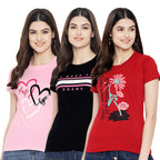 Preneum Womens Cotton Regular Fit Latest Graphic Stylish Printed Short Sleeves Casual T-Shirt || Trend & Style (Pack 3), Pink &